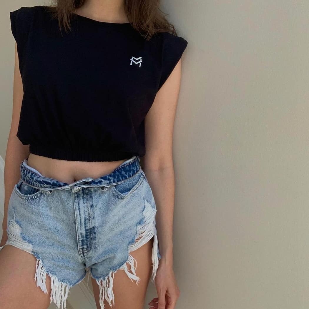 Black Crop Top with Shoulder Pads